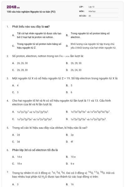 100 câu trắc nghiệm Nguyên tử cơ bản (P2)