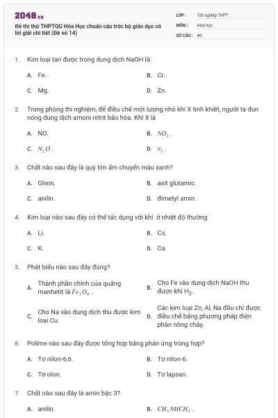Đề thi thử THPTQG Hóa Học chuẩn cấu trúc bộ giáo dục có lời giải chi tiết (Đề số 14)