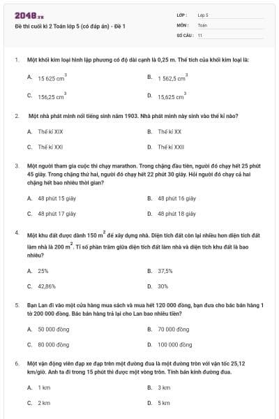 Đề thi cuối kì 2 Toán lớp 5 (có đáp án) - Đề 1