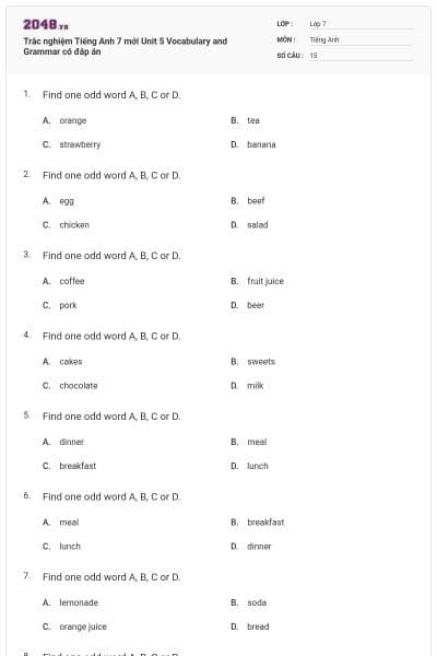 Trắc nghiệm Tiếng Anh 7 mới Unit 5 Vocabulary and Grammar có đáp án