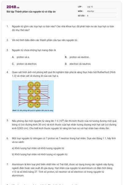 Bài tập Thành phần của nguyên tử có đáp án