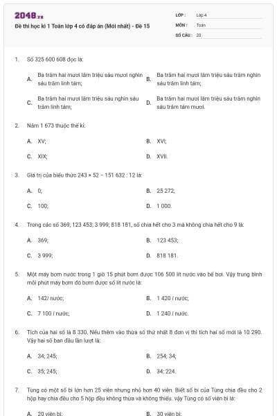 Đề thi học kì 1 Toán lớp 4 có đáp án  (Mới nhất) - Đề 15
