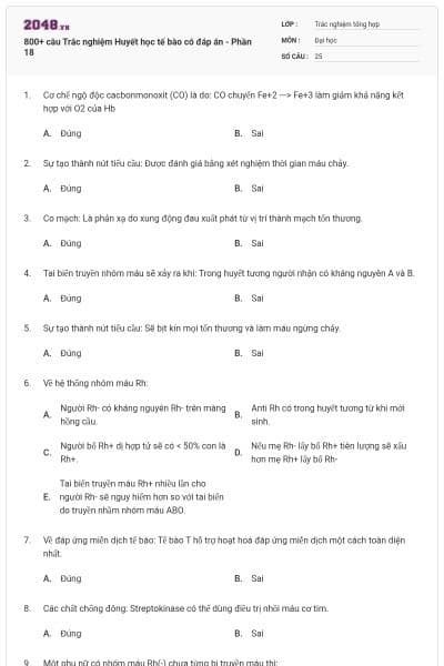 800+ câu Trắc nghiệm Huyết học tế bào có đáp án - Phần 18