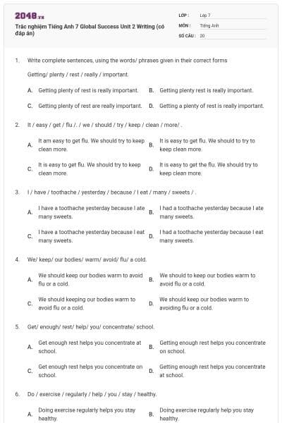 Trắc nghiệm Tiếng Anh 7 Global Success Unit 2 Writing (có đáp án)
