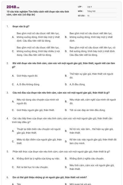 10 câu trắc nghiệm Tìm hiểu cách viết đoạn văn nêu tình cảm, cảm xúc (có đáp án)