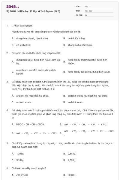 Bộ 10 Đề thi Hóa học 11 Học kì 2 có đáp án (Đề 3)