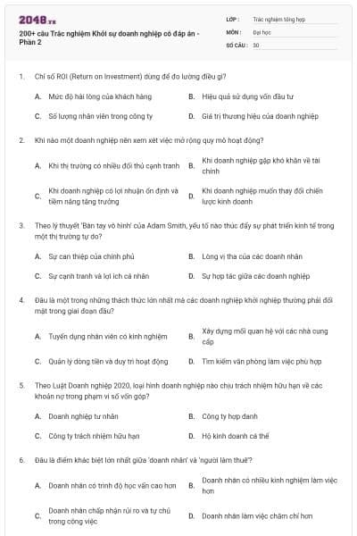 200+ câu Trắc nghiệm Khởi sự doanh nghiệp có đáp án - Phần 2