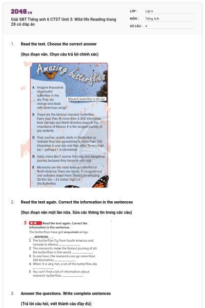 Giải SBT Tiếng anh 6 CTST Unit 3: Wild life Reading trang 28 có đáp án