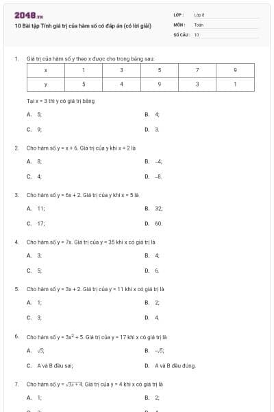10 Bài tập Tính giá trị của hàm số có đáp án (có lời giải)