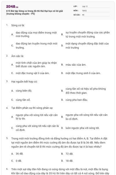 615 Bài tập Sóng cơ trong đề thi thử Đại học có lời giải (trường không chuyên - P5)