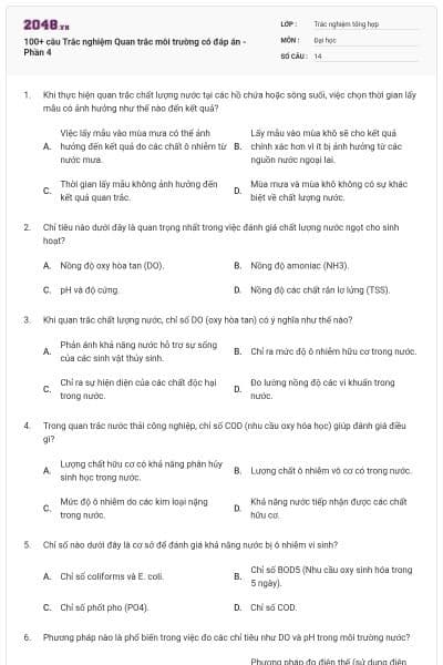 100+ câu Trắc nghiệm Quan trắc môi trường có đáp án - Phần 4