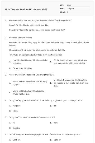 Đề thi Tiếng Việt 4 Cuối học kì 1 có đáp án (Đề 7)