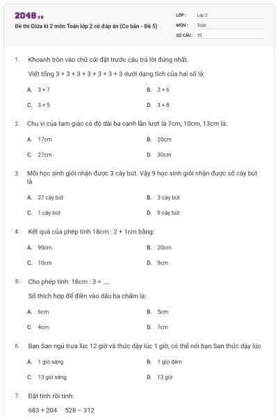 Đề thi Giữa kì 2 môn Toán lớp 2 có đáp án (Cơ bản - Đề 5)