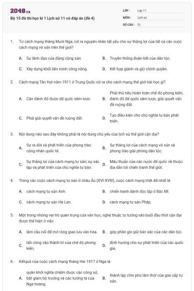 Bộ 15 đề thi học kì 1 Lịch sử 11 có đáp án (đề 4)