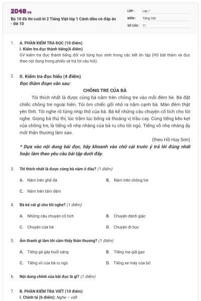 Bộ 10 đề thi cuối kì 2 Tiếng Việt lớp 1 Cánh diều có đáp án - Đề 10