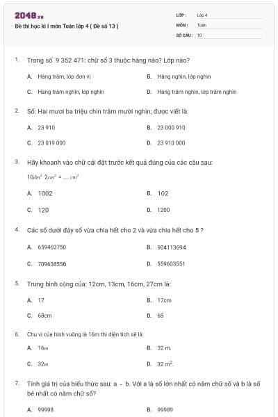 Đề thi học kì I môn Toán lớp 4 ( Đề số 13 )