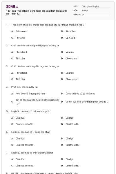 100+ câu Trắc nghiệm Công nghệ sản xuất tinh dầu có đáp án - Phần 12
