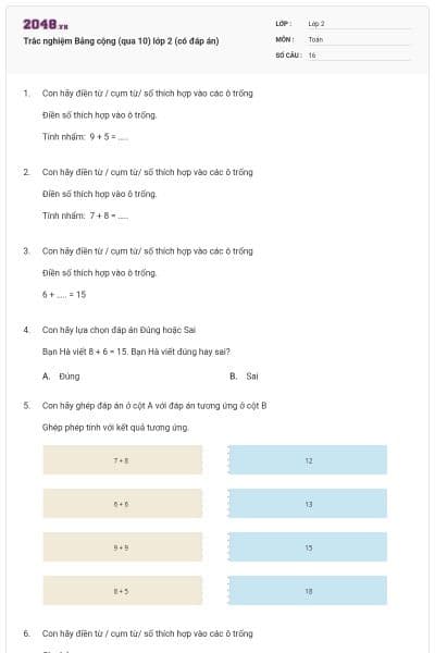 Trắc nghiệm Bảng cộng (qua 10) lớp 2 (có đáp án)