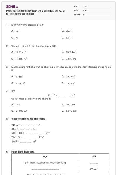 Phiếu bài tập hàng ngày Toán lớp 5 Cánh diều Bài 22. Ki - lô - mét vuông (có lời giải)