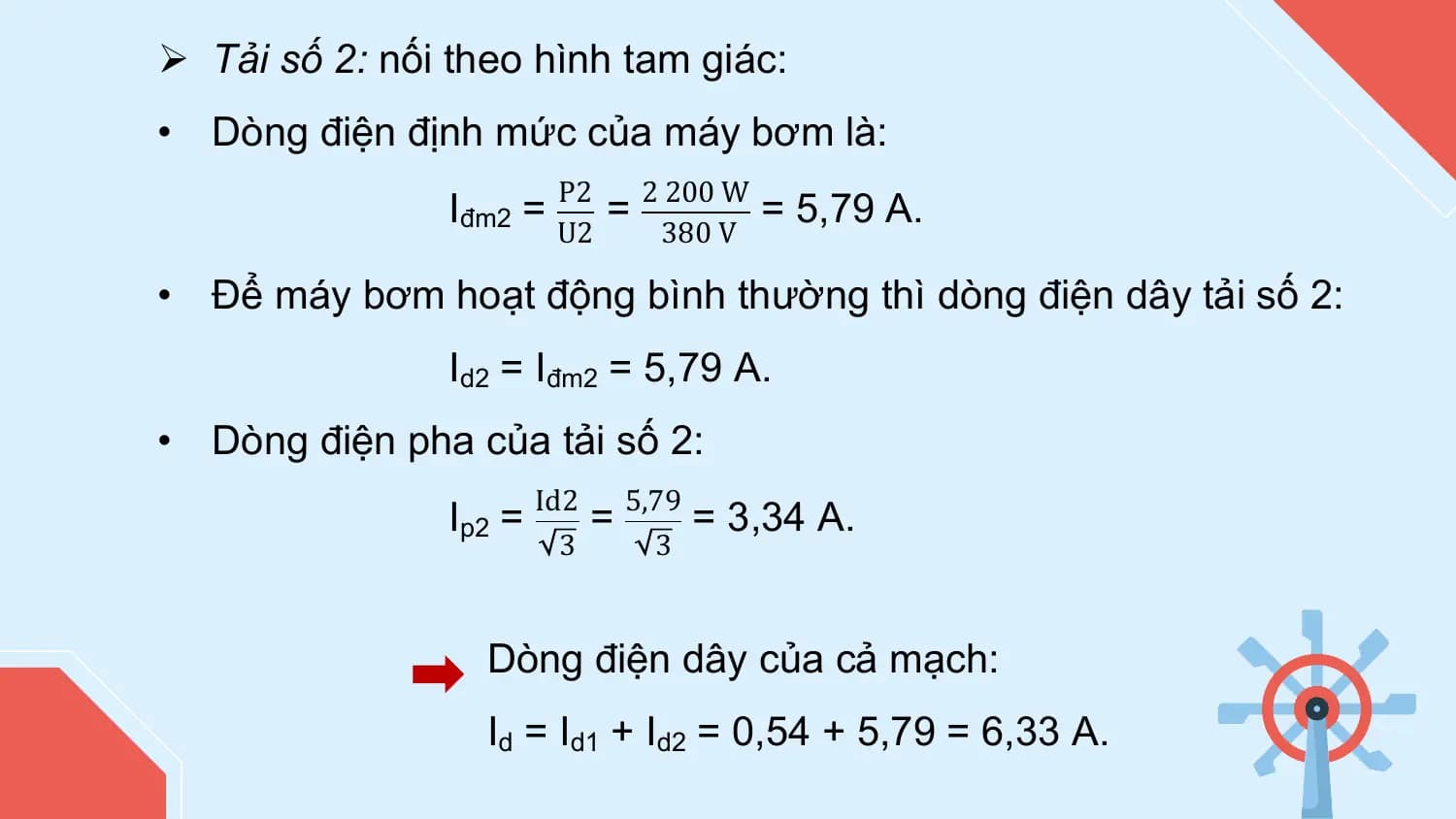 Ø Tải số 2: nối theo hình tam giác:
• Dòng điện định mức của máy bơm là:
 P2 2 200 W
 Iđm2 = = = 5,79 A.
 U2 380 V

• Để máy bơm hoạt động bình thường thì dòng điện dây tải số 2:
 Id2 = Iđm2 = 5,79 A.
• Dòng điện pha của tải số 2:
 Id2 5,79
 Ip2 = = = 3,34 A.
 3 3

 Dòng điện dây của cả mạch:
 Id = Id1 + Id2 = 0,54 + 5,79 = 6,33 A.