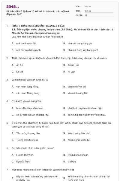 Đề thi cuối kì 2 Lịch sử 10 Kết nối tri thức cấu trúc mới (có đáp án) - Đề 2