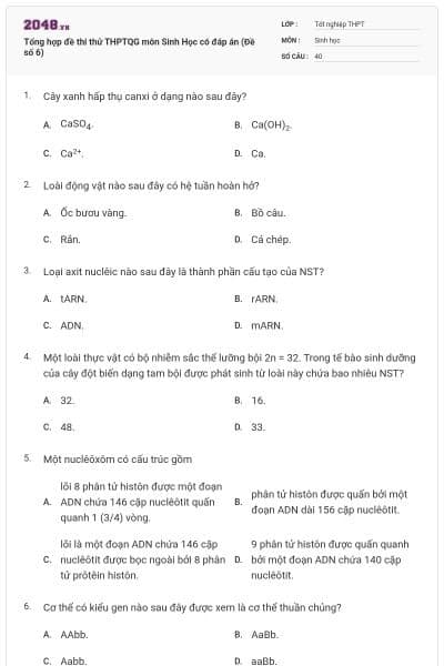Tổng hợp đề thi thử THPTQG môn Sinh Học có đáp án (Đề số 6)