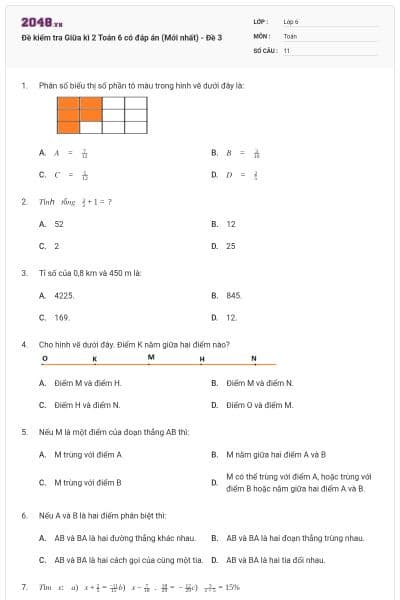 Đề kiểm tra Giữa kì 2 Toán 6 có đáp án (Mới nhất) - Đề 3