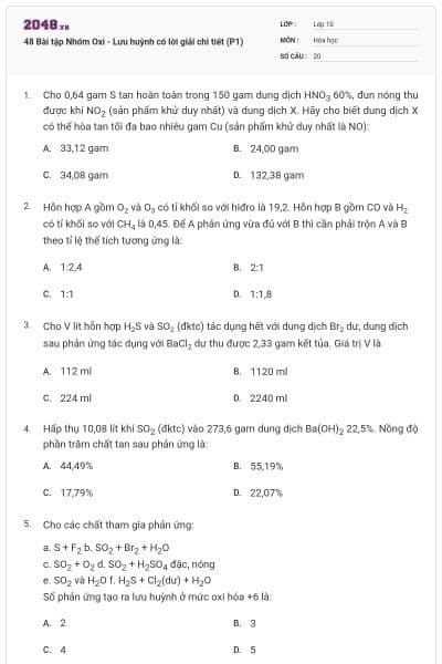 48 Bài tập Nhóm Oxi - Lưu huỳnh có lời giải chi tiết (P1)