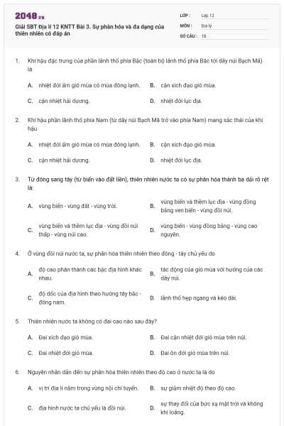 Giải SBT Địa lí 12 KNTT Bài 3. Sự phân hóa và đa dạng của thiên nhiên có đáp án