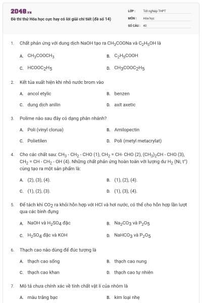 Đề thi thử Hóa học cực hay có lời giải chi tiết (đề số 14)
