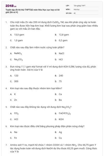 Tuyển tập đề thi thử THPTQG môn Hóa Học cực hay có lời giải (Đề số 4)