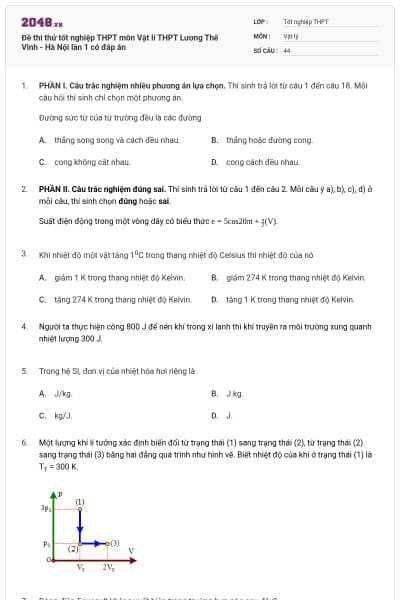 Đề thi thử tốt nghiệp THPT môn Vật lí THPT Lương Thế Vinh - Hà Nội lần 1 có đáp án