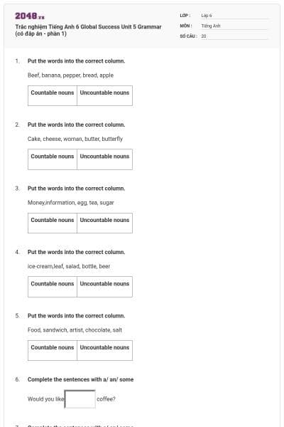 Trắc nghiệm Tiếng Anh 6 Global Success Unit 5 Grammar (có đáp án - phần 1)