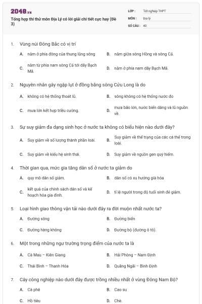 Tổng hợp thi thử môn Địa Lý có lời giải chi tiết cực hay (Đề 3)