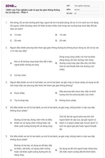1000+ câu Trắc nghiệm Luật và quy tắc giao thông đường bộ (có đáp án) - Phần 4