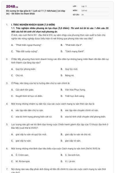 Đề cương ôn tập giữa kì 1 Lịch sử 11 (1 tiết/tuần) (có đáp án) - Đề kiểm tra tham khảo