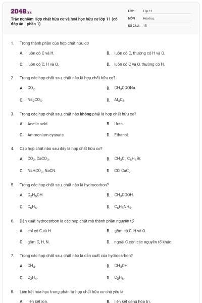 Trắc nghiệm Hợp chất hữu cơ và hoá học hữu cơ lớp 11 (có đáp án - phần 1)