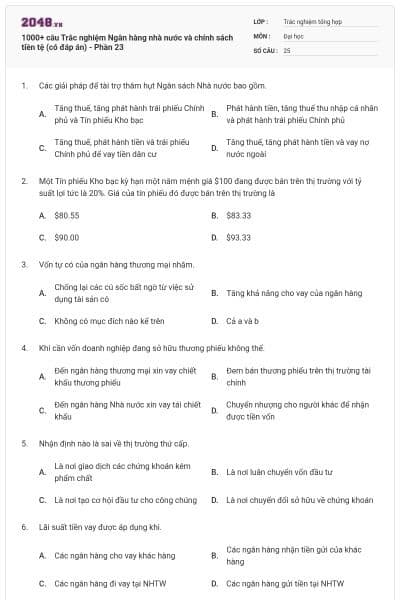1000+ câu Trắc nghiệm Ngân hàng nhà nước và chính sách tiền tệ (có đáp án) - Phần 23