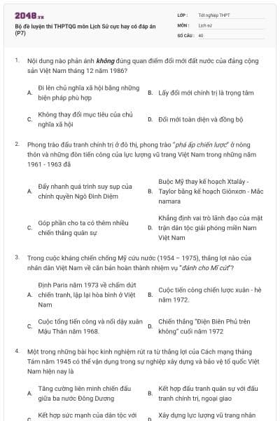 Bộ đề luyện thi THPTQG môn Lịch Sử cực hay có đáp án (P7)