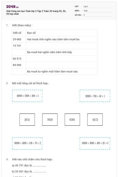 Giải Cùng em học Toán lớp 3 Tập 2 Tuần 33 trang 53, 54, 55 hay nhất