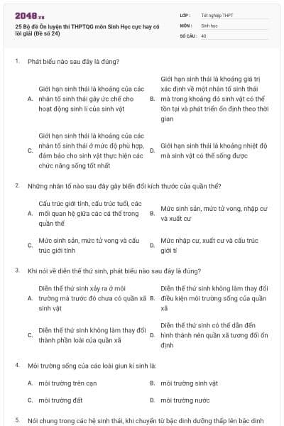 25 Bộ đề Ôn luyện thi THPTQG môn Sinh Học cực hay có lời giải (Đề số 24)