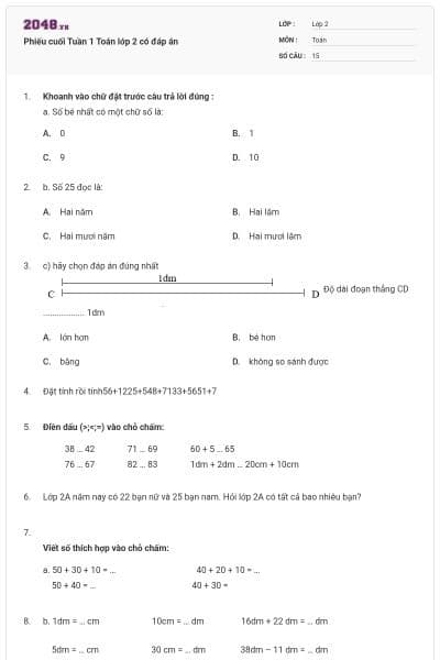 Phiếu cuối Tuần 1 Toán lớp 2 có đáp án