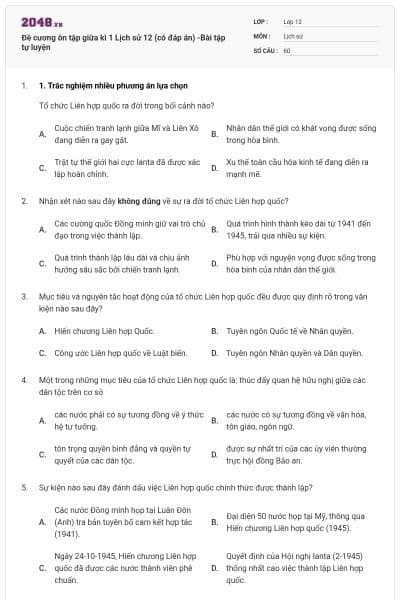 Đề cương ôn tập giữa kì 1 Lịch sử 12 (có đáp án) -Bài tập tự luyện