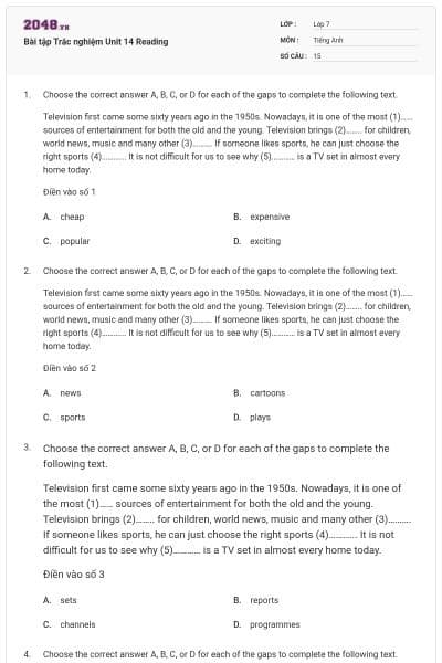 Bài tập Trắc nghiệm Unit 14 Reading