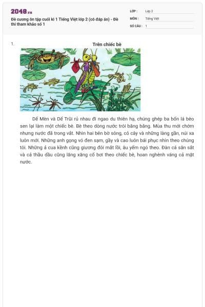 Đề cương ôn tập cuối kì 1 Tiếng Việt lớp 2 (có đáp án) - Đề thi tham khảo số 1