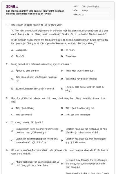 50+ câu Trắc nghiệm Giáo dục giới tính và tình dục toàn diện cho thanh thiếu niên có đáp án - Phần 1