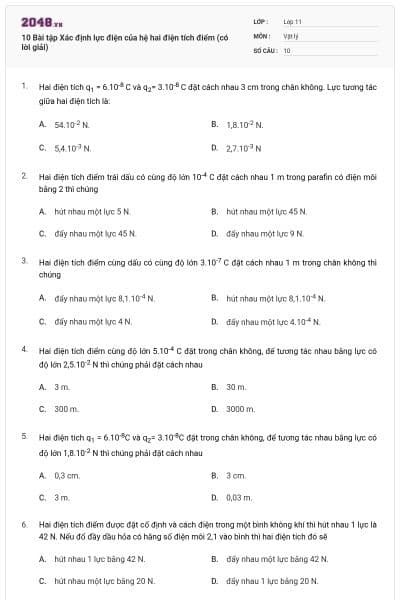 10 Bài tập Xác định lực điện của hệ hai điện tích điểm (có lời giải)