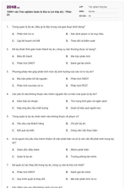 1000+ câu Trắc nghiệm Quản lý đầu tư (có đáp án) - Phần 25