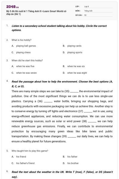 Bộ 5 đề thi cuối kì 1 Tiếng Anh 8 i-Learn Smart World có đáp án (Đề 1)