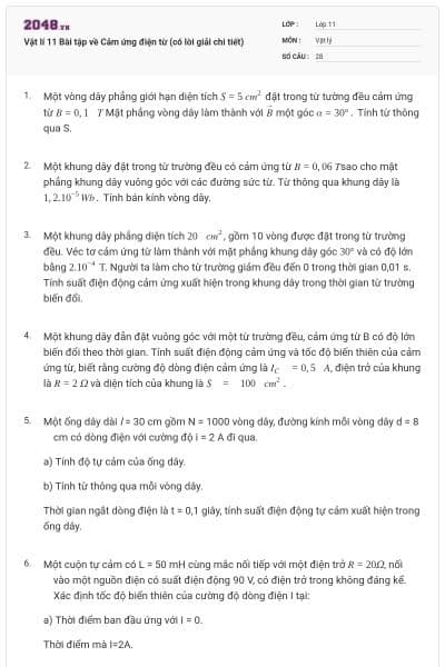 Vật lí 11 Bài tập về Cảm ứng điện từ (có lời giải chi tiết)